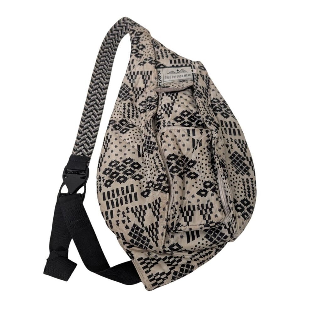 Kavu Puff Rope Sling Backpack Cream Geometric Outdoor Hiking Zipper Pockets